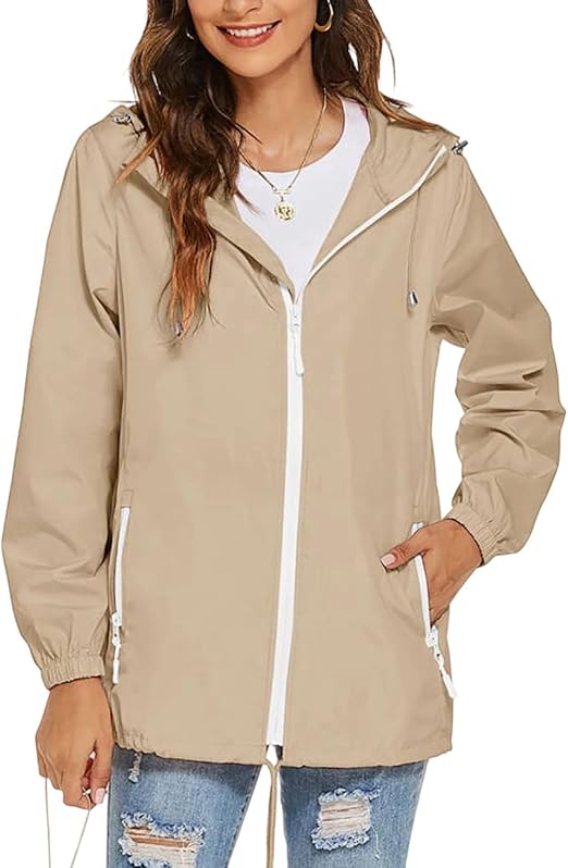 Packable Rain Jacket Women Waterproof Lightweight Rain Coats with Hood Zip Up Outdoor Hiking Travel Windbreaker