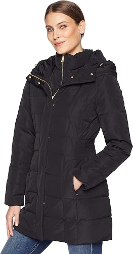 Cole Haan Women's Taffeta Down Coat With Hood Taffeta Down, Front Zipper Bib, Elastic Waist, Fully Lined, Zipper Pockets, Winter Wear