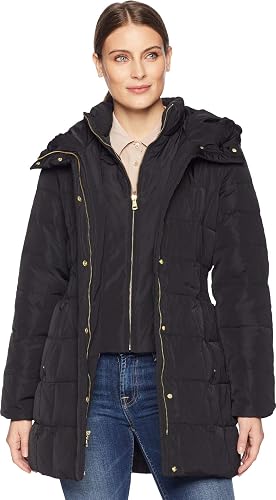 Cole Haan Women's Taffeta Down Coat With Hood Taffeta Down, Front Zipper Bib, Elastic Waist, Fully Lined, Zipper Pockets, Winter Wear
